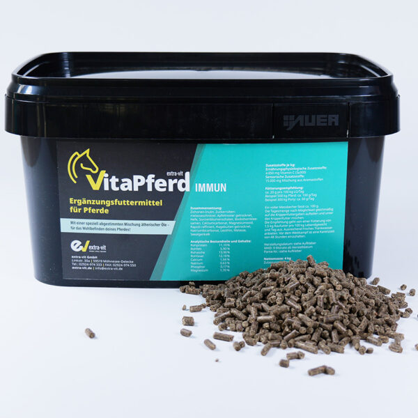 VitaPferd Immun ist ein Ergänzungsfuttermittel zur natürlichen Unterstützung des Immunsystems bei Pferden – ideal zur Vorbeugung oder zur Regeneration nach Krankheit, Stress oder Wetterumschwüngen.