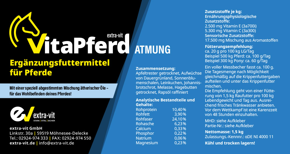VitaPferd Atmung ist ein Ergänzungsfuttermittel für Pferde zur natürlichen Unterstützung der Atemwege – insbesondere bei Husten, Stauballergien oder Atemwegsempfindlichkeit. VitaPferd Atmung ist ein Ergänzungsfuttermittel für Pferde zur natürlichen Unterstützung der Atemwege – insbesondere bei Husten, Stauballergien oder Atemwegsempfindlichkeit.