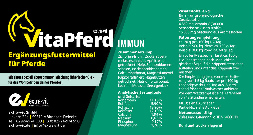 VitaPferd Immun ist ein Ergänzungsfuttermittel zur natürlichen Unterstützung des Immunsystems bei Pferden – ideal zur Vorbeugung oder zur Regeneration nach Krankheit, Stress oder Wetterumschwüngen. VitaPferd Immun ist ein Ergänzungsfuttermittel zur natürlichen Unterstützung des Immunsystems bei Pferden – ideal zur Vorbeugung oder zur Regeneration nach Krankheit, Stress oder Wetterumschwüngen.